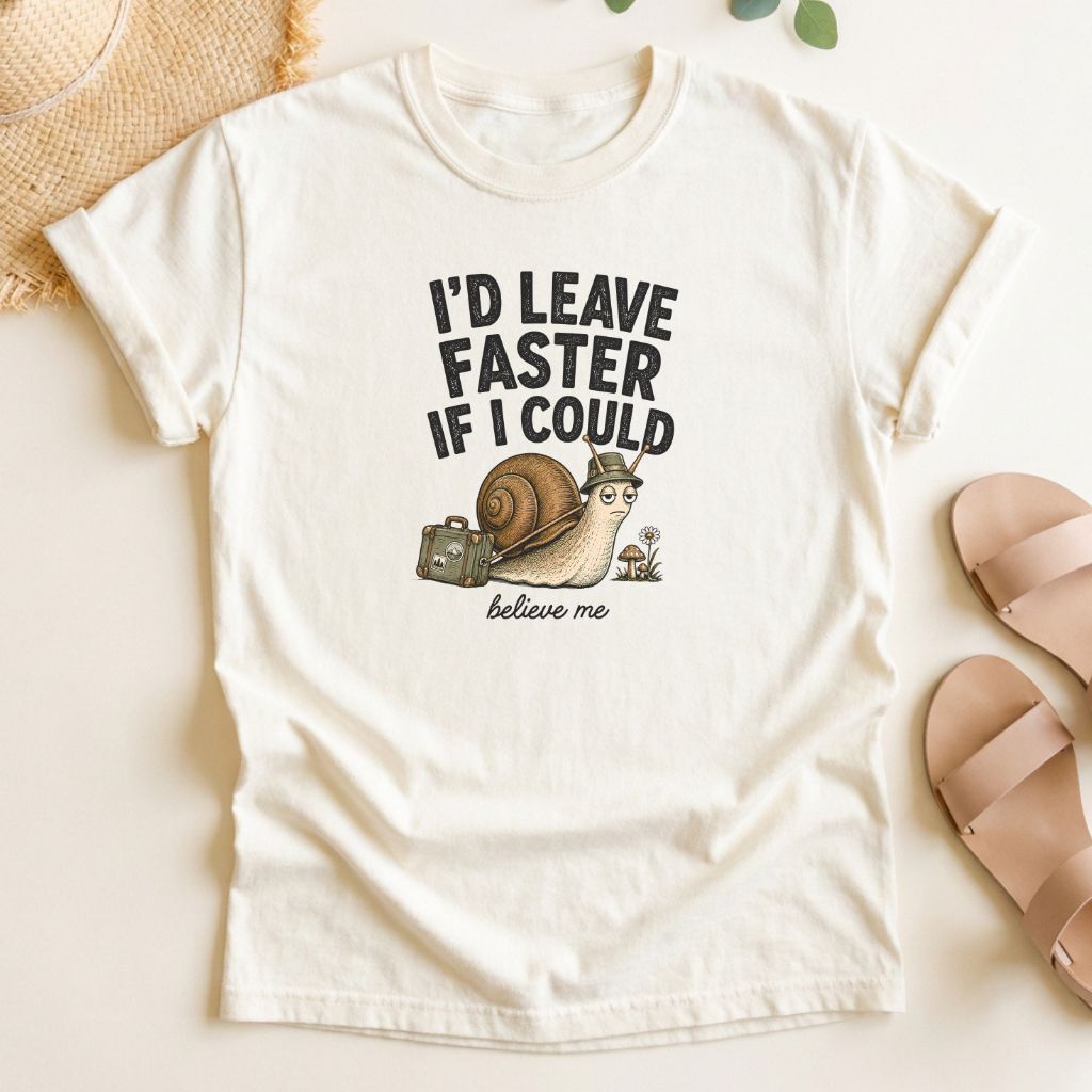 Ivory t-shirt with a snail graphic and text on a light background