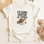 Ivory t-shirt with a snail graphic and text on a light background